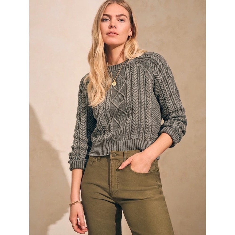 Faherty Sunwashed Crew Cable Knit Sweater Womens M Gray Organic Cotton Fisherman